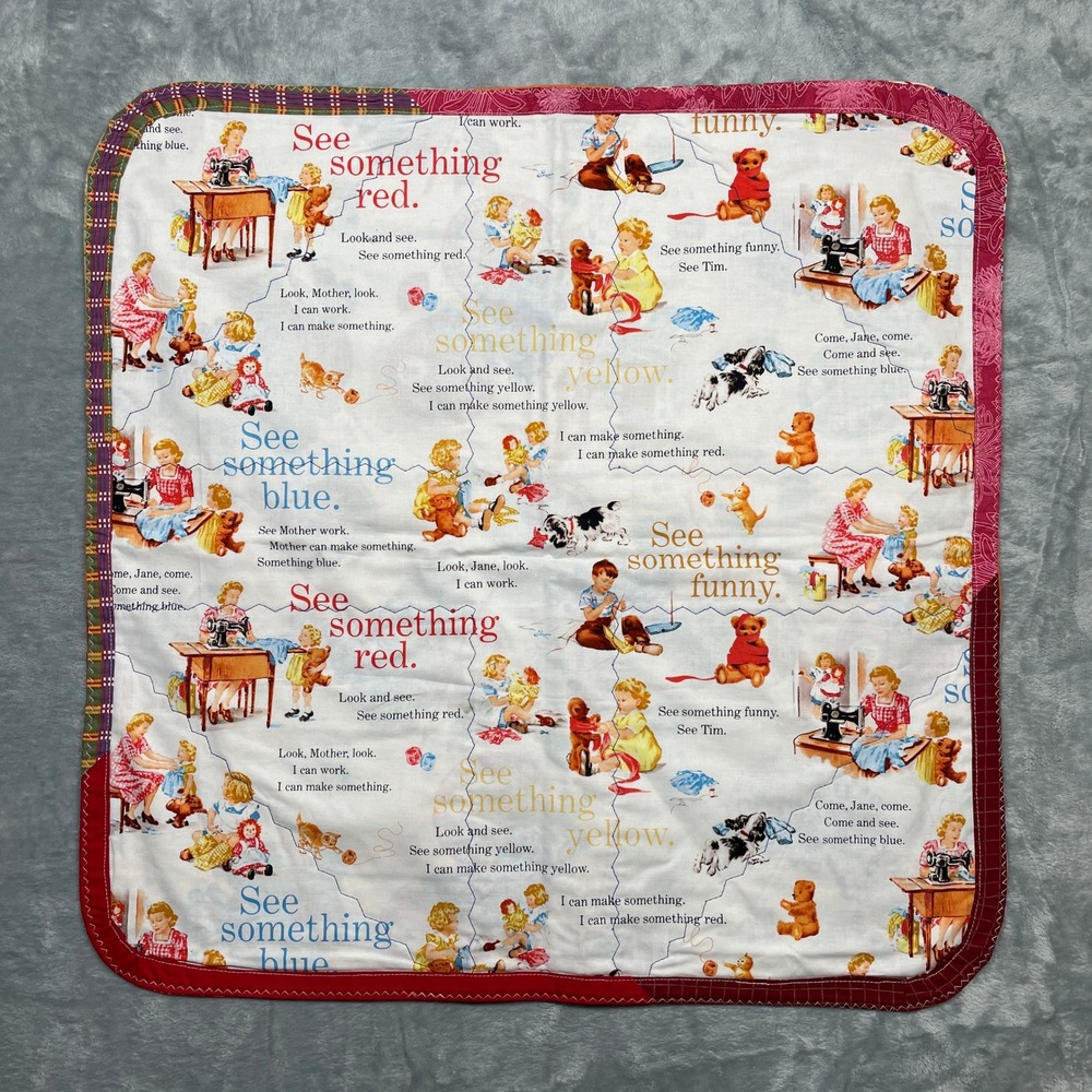 Handmade Baby Kids Lap Quilt Vintage Dick and Jane Storybook Print 22x22